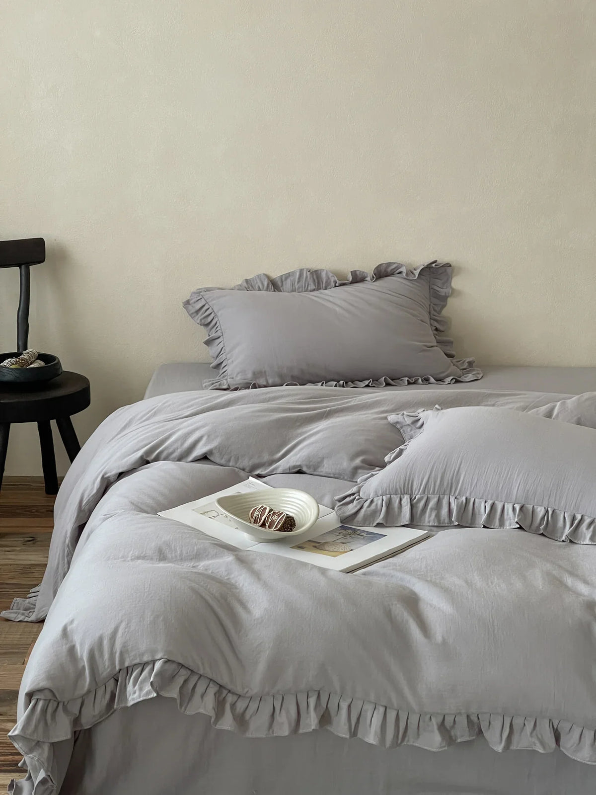 Duvet Cover & Pillowcase Set Cotton-Linen Breathable Ruffled Edge