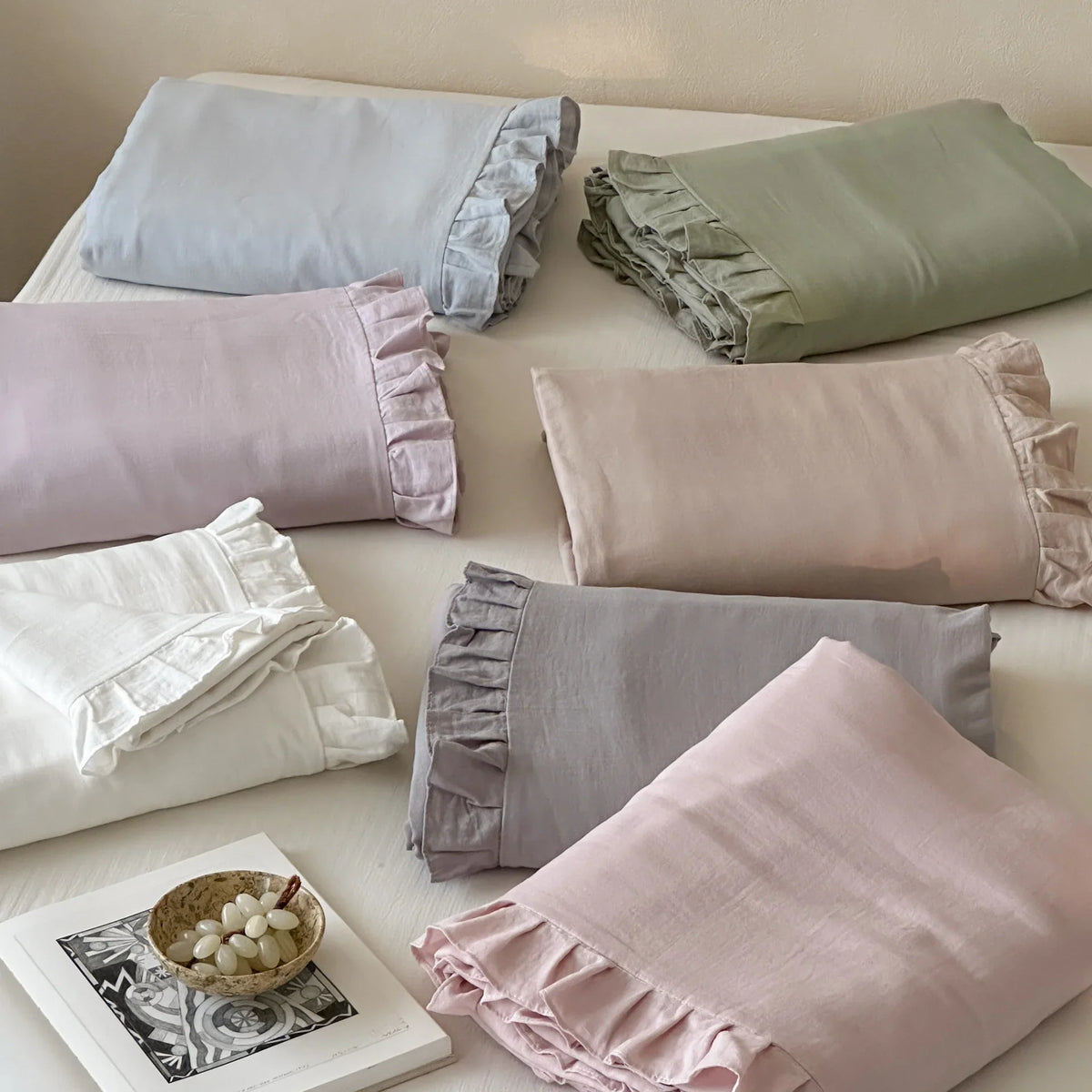 Duvet Cover & Pillowcase Set Cotton-Linen Breathable Ruffled Edge