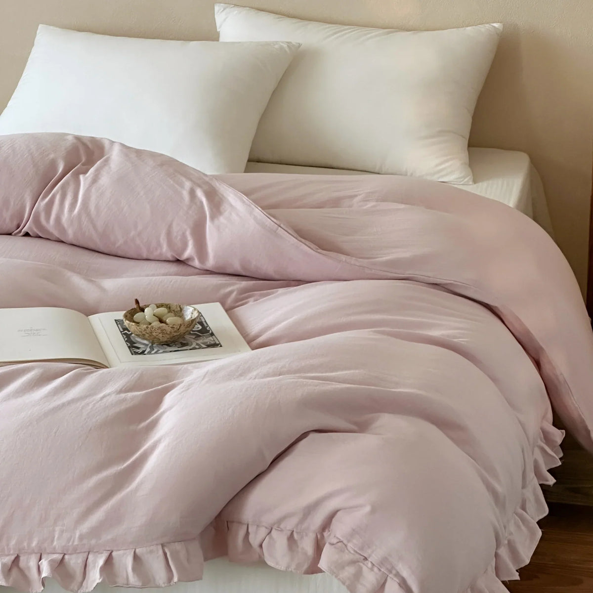 Duvet Cover & Pillowcase Set Cotton-Linen Breathable Ruffled Edge