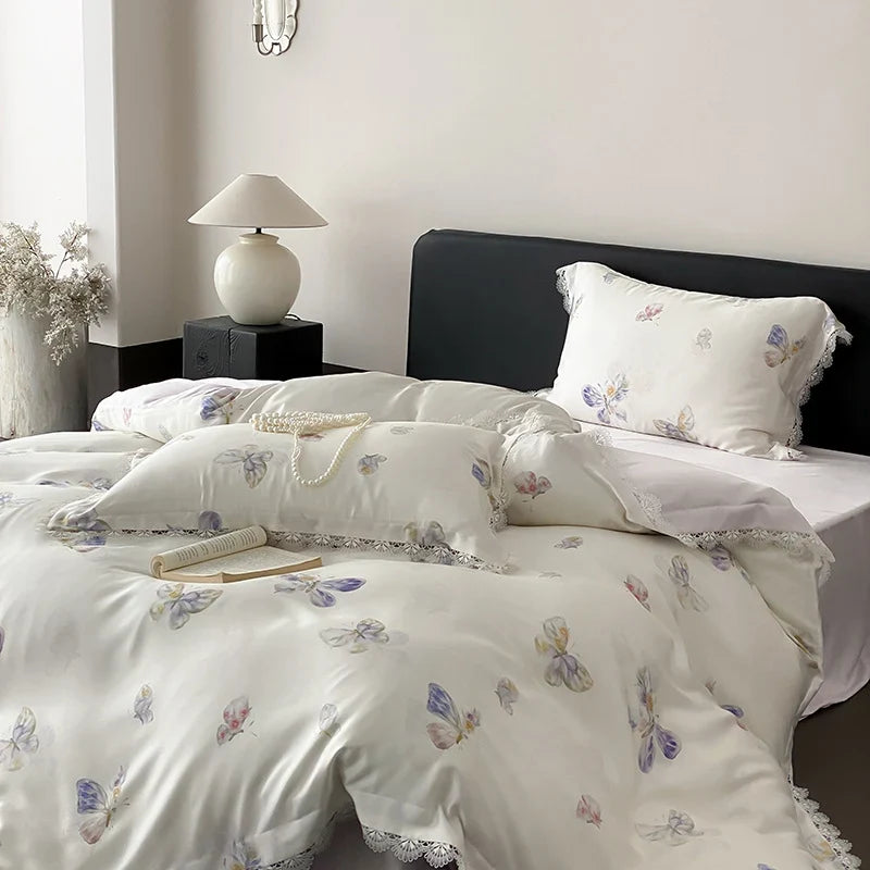 Duvet Cover Satin Butterfly Print Lace Trim