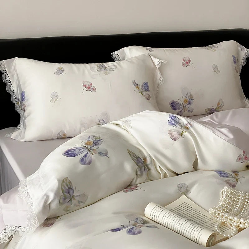 Duvet Cover Satin Butterfly Print Lace Trim