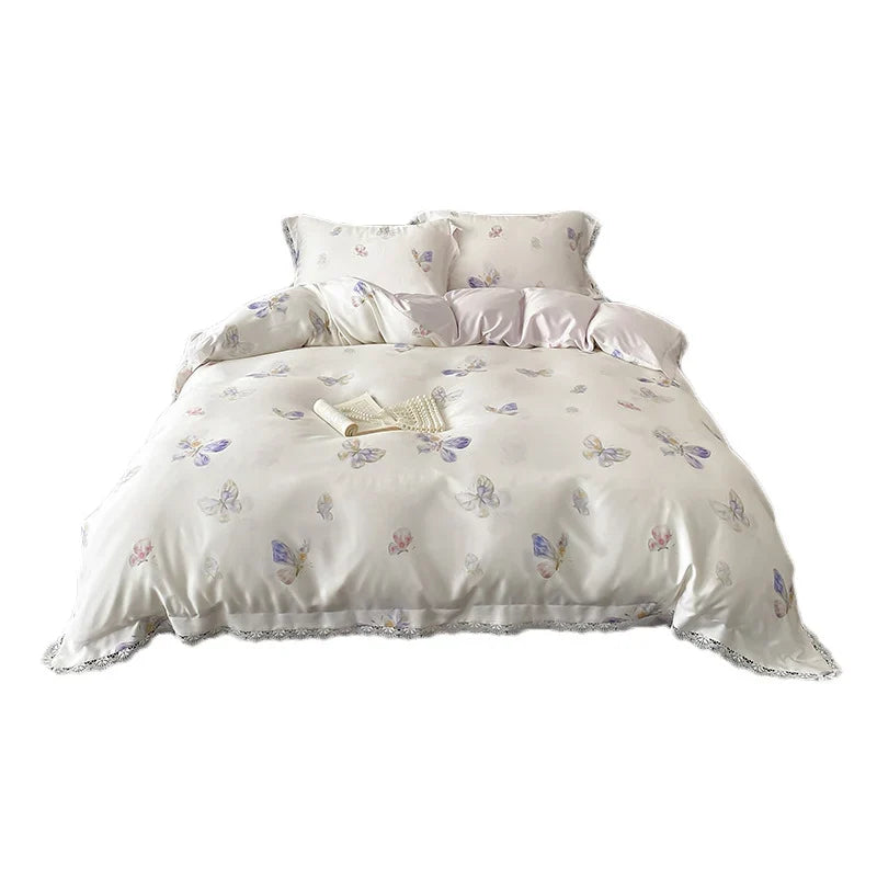 Duvet Cover Satin Butterfly Print Lace Trim