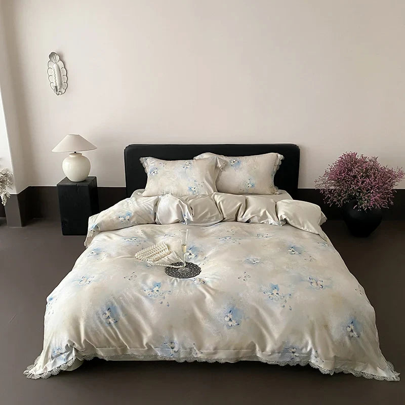 Duvet Cover Satin Butterfly Print Lace Trim