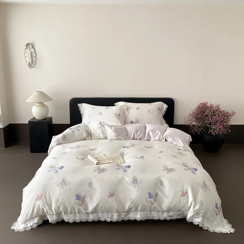 Duvet Cover Satin Butterfly Print Lace Trim