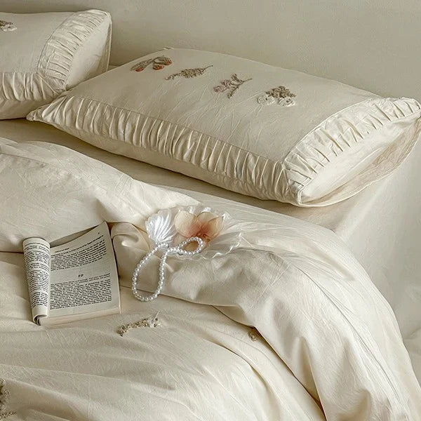 Duvet Cover Set 100% Cotton Floral Embroidery Ruffled Edges