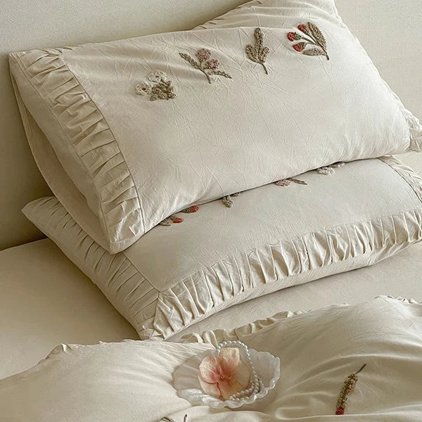 Duvet Cover Set 100% Cotton Floral Embroidery Ruffled Edges