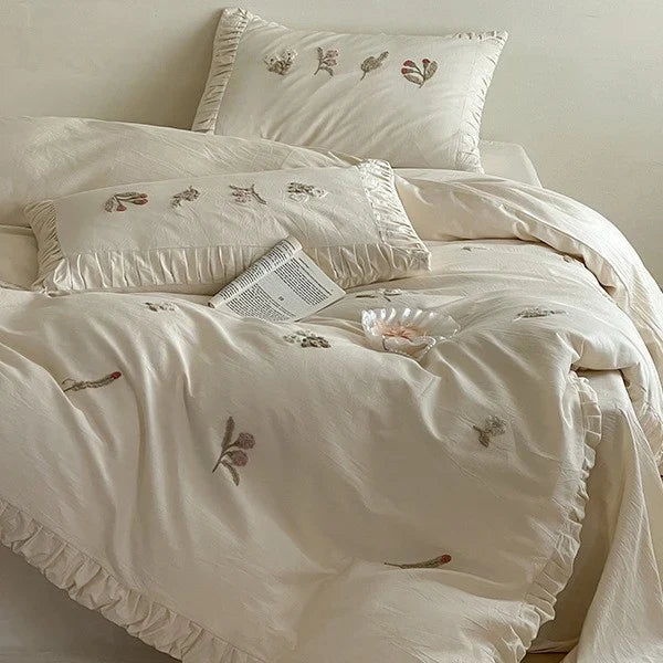 Duvet Cover Set 100% Cotton Floral Embroidery Ruffled Edges