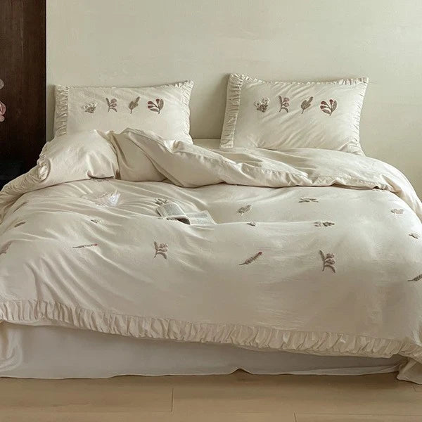 Duvet Cover Set 100% Cotton Floral Embroidery Ruffled Edges