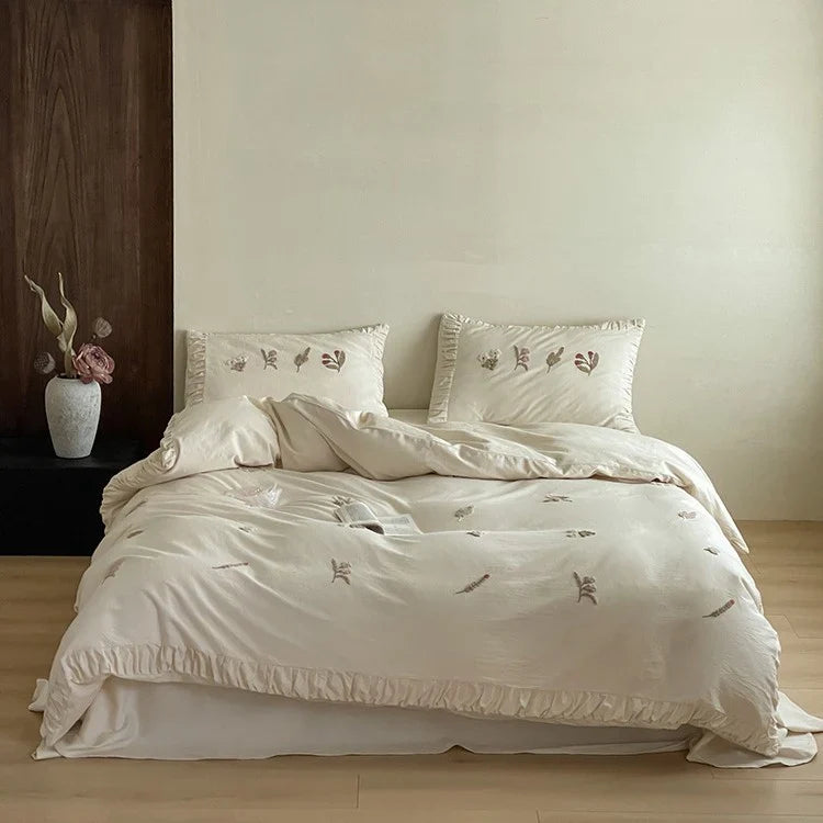Duvet Cover Set 100% Cotton Floral Embroidery Ruffled Edges