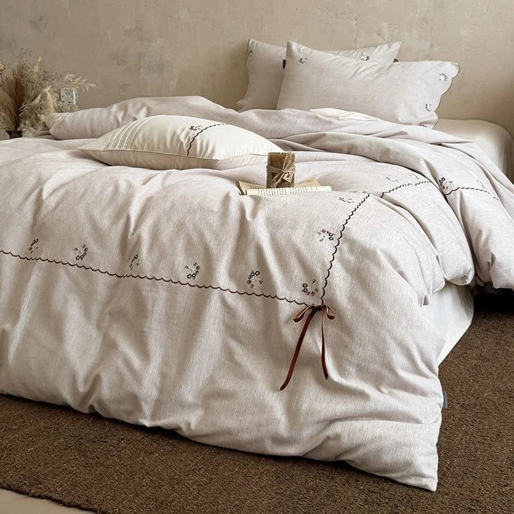 Duvet Cover Set 4-Piece Cotton-Linen Floral Embroidery