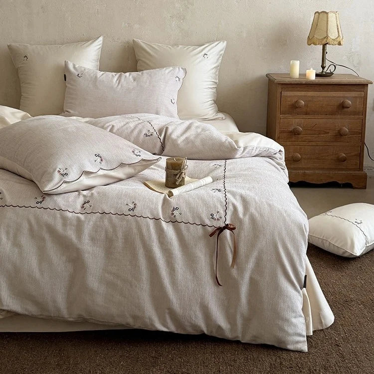 Duvet Cover Set 4-Piece Cotton-Linen Floral Embroidery