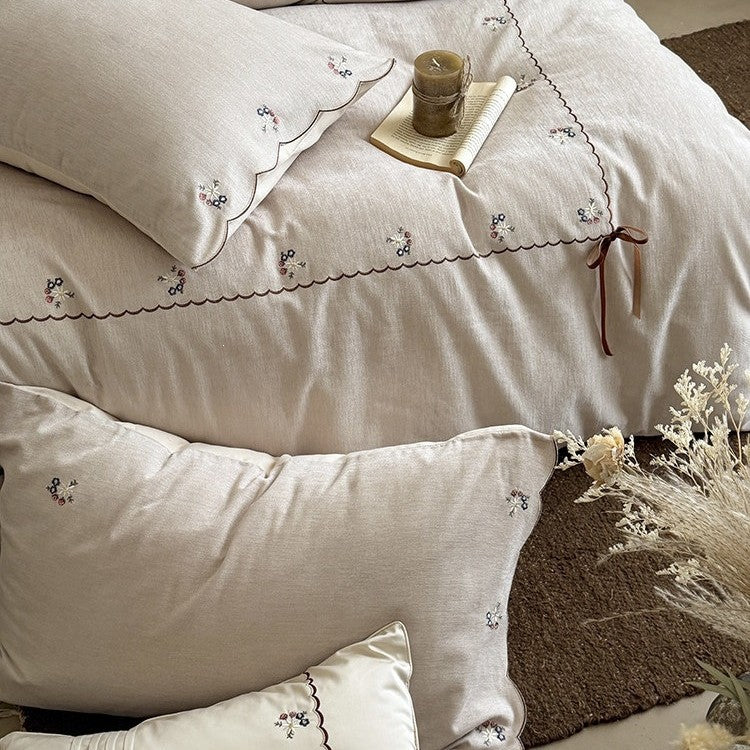 Duvet Cover Set 4-Piece Cotton-Linen Floral Embroidery