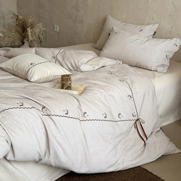 Duvet Cover Set 4-Piece Cotton-Linen Floral Embroidery