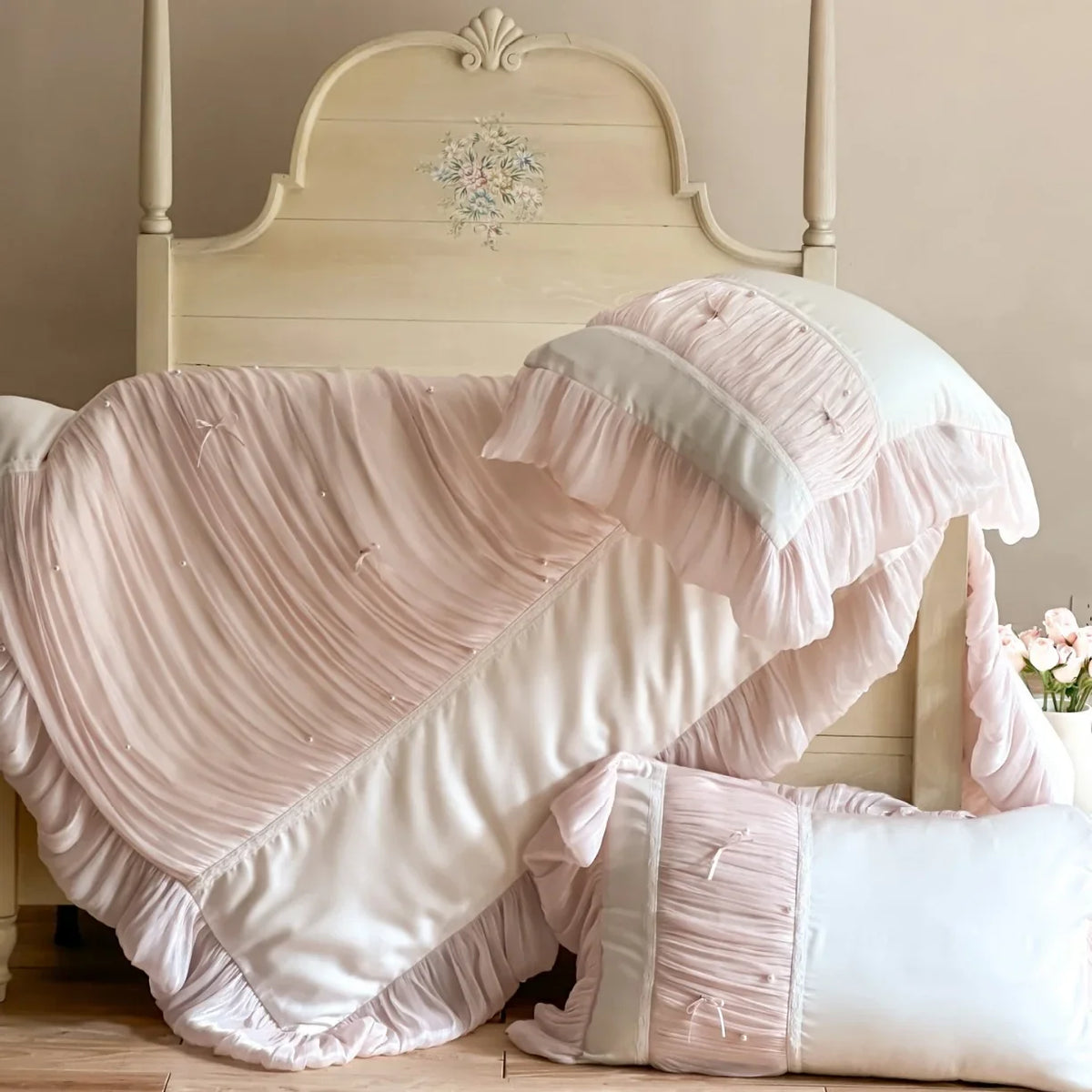 Duvet Cover Set 4 Piece Ruffle & Pleat Pearl Accents