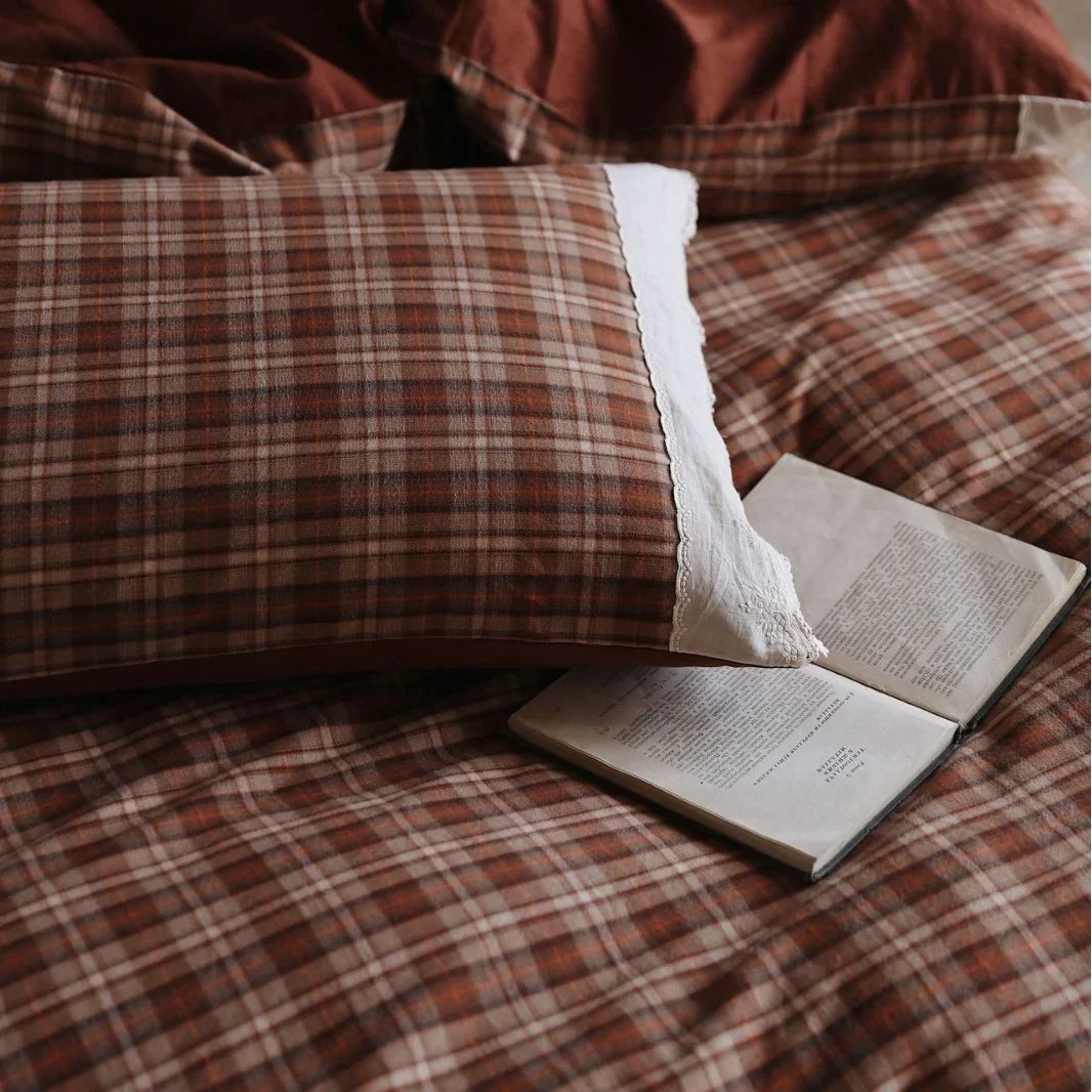 Duvet Cover Set Breathable Cotton Checked Lace Trim