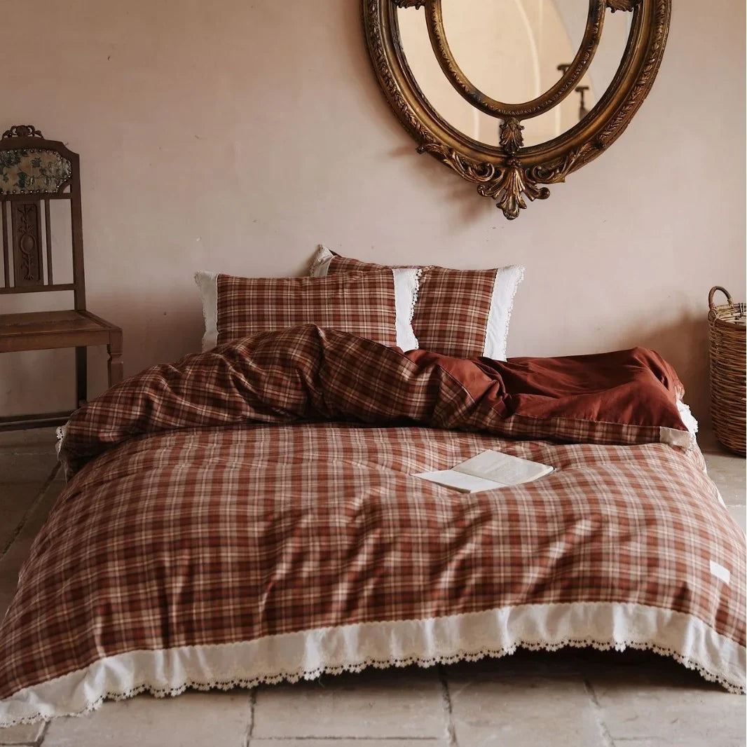 Duvet Cover Set Breathable Cotton Checked Lace Trim