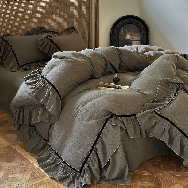 Duvet Cover Set Breathable Linen-Look Cotton Ruffled Hem