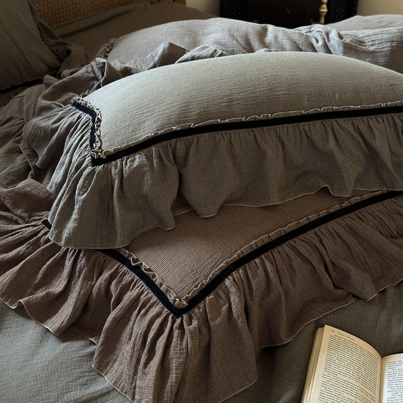 Duvet Cover Set Breathable Linen-Look Cotton Ruffled Hem