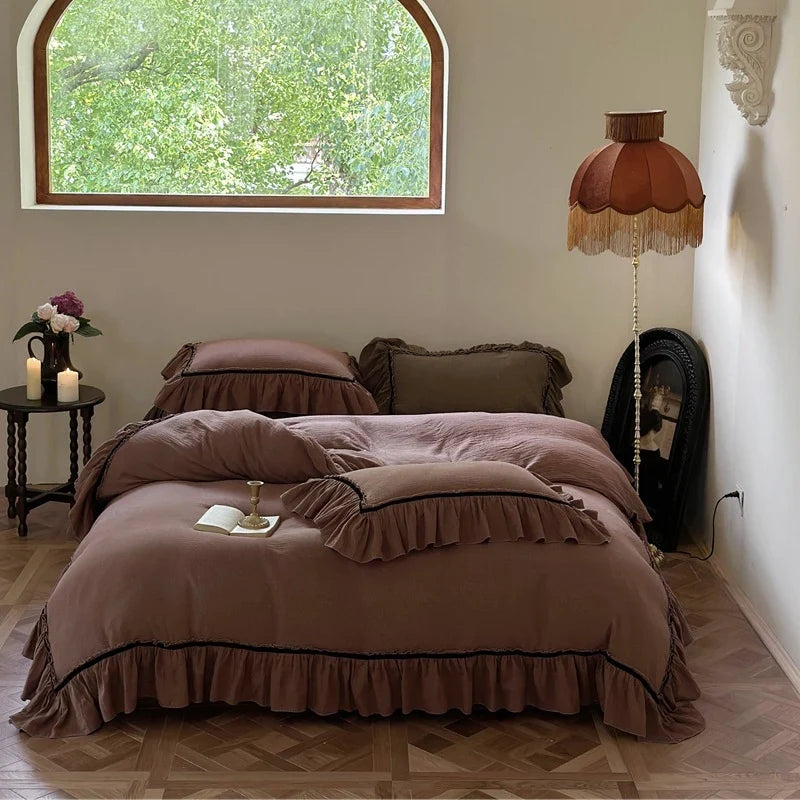 Duvet Cover Set Breathable Linen-Look Cotton Ruffled Hem