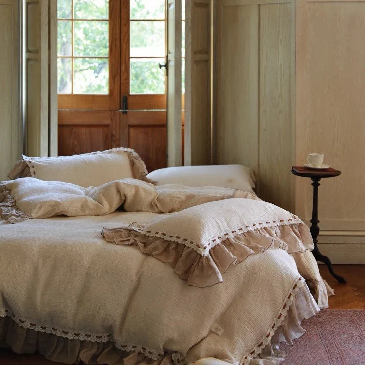 Duvet Cover Set Breathable Muslin Ruffle & Crochet Border