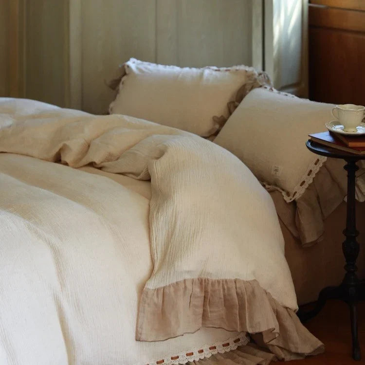 Duvet Cover Set Breathable Muslin Ruffle & Crochet Border