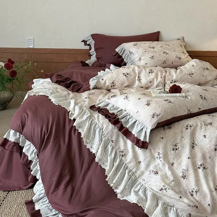 Duvet Cover Set Cotton Blend Floral Ruffled Lace Trim