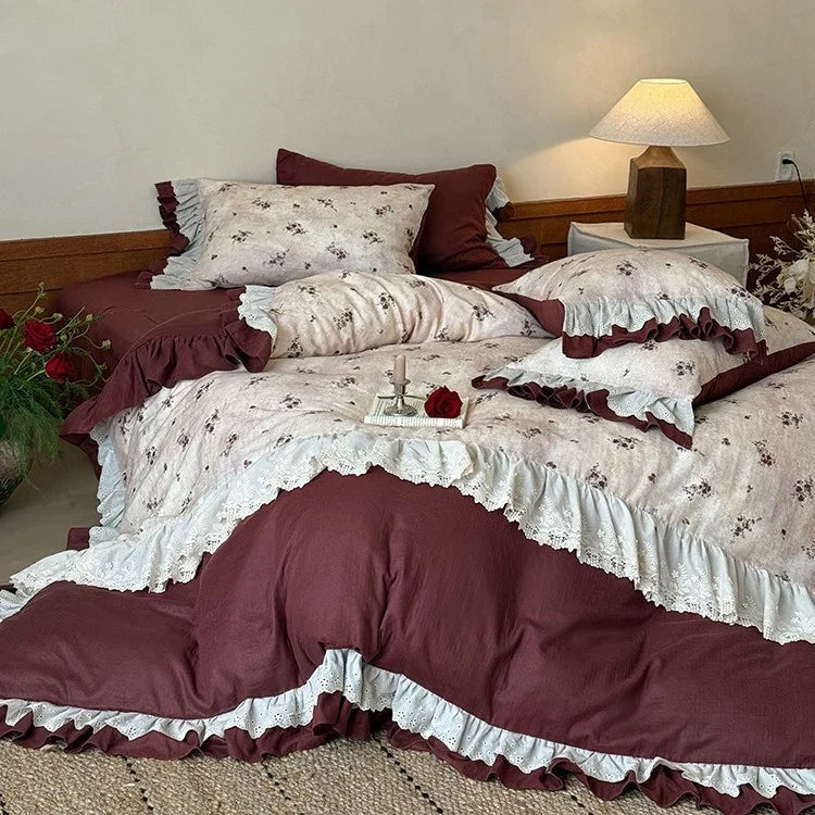 Duvet Cover Set Cotton Blend Floral Ruffled Lace Trim