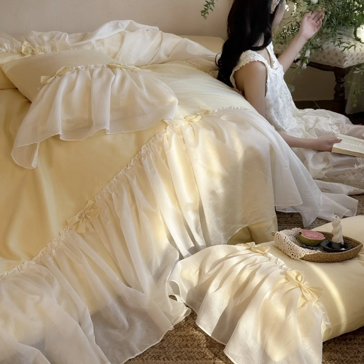 Duvet Cover Set Cotton-Blend Ruffled Bed Skirt Bow Appliques