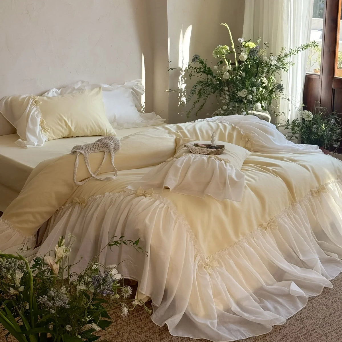 Duvet Cover Set Cotton-Blend Ruffled Bed Skirt Bow Appliques