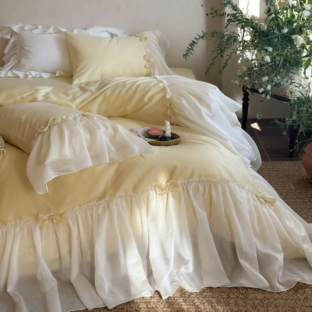 Duvet Cover Set Cotton-Blend Ruffled Bed Skirt Bow Appliques