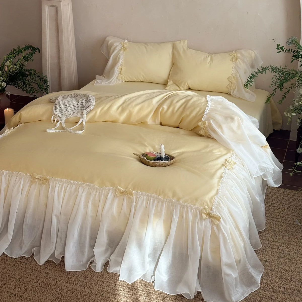 Duvet Cover Set Cotton-Blend Ruffled Bed Skirt Bow Appliques