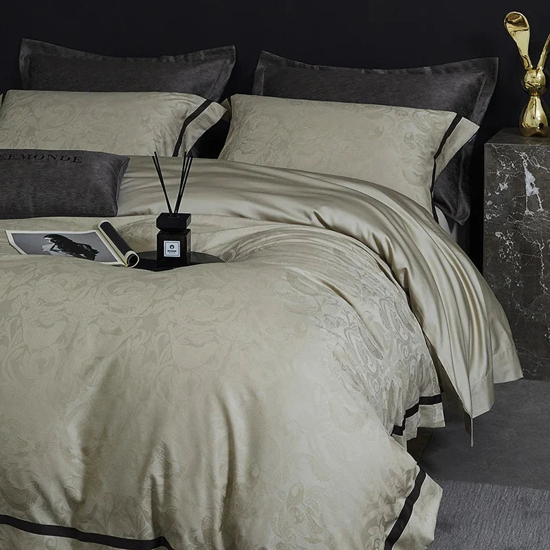Duvet Cover Set Cotton-Blend Satin Tonal Jacquard Concealed Zipper