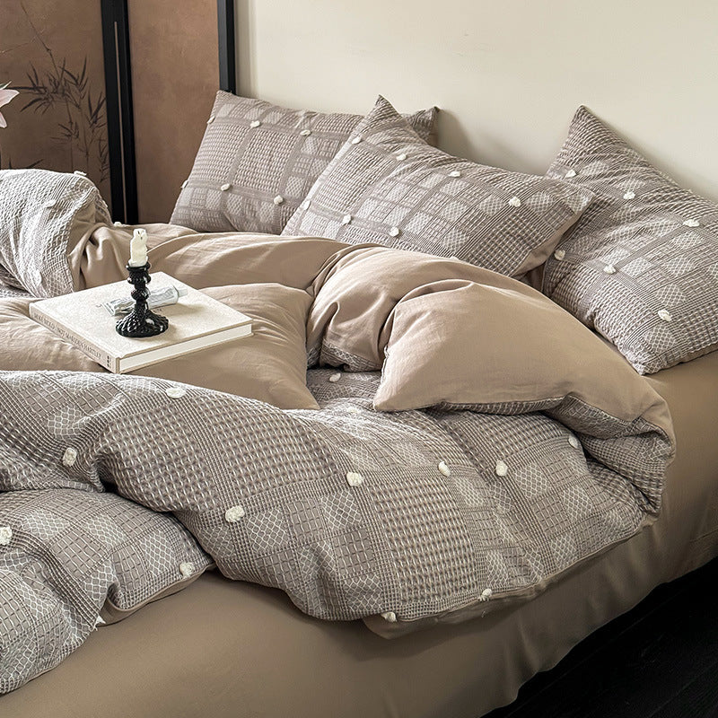 Duvet Cover Set Cotton-Blend Waffle Texture & Pompom Trim