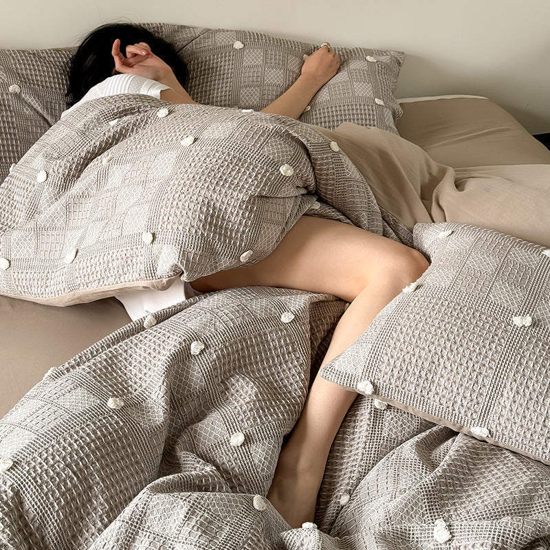 Duvet Cover Set Cotton-Blend Waffle Texture & Pompom Trim
