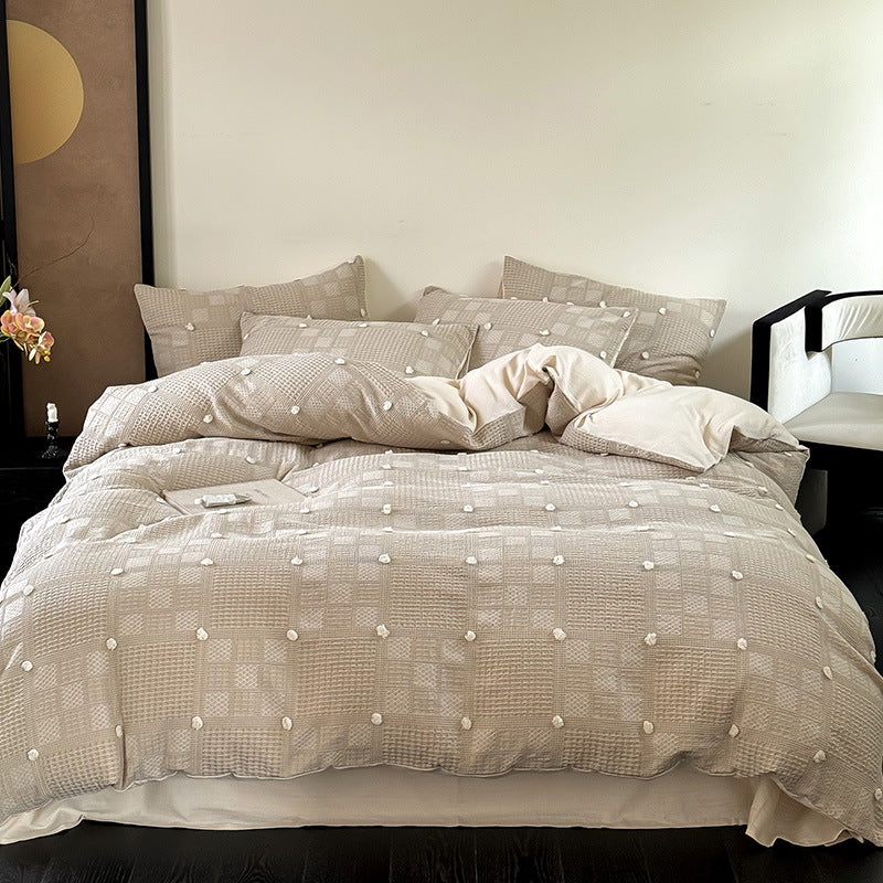 Duvet Cover Set Cotton-Blend Waffle Texture & Pompom Trim