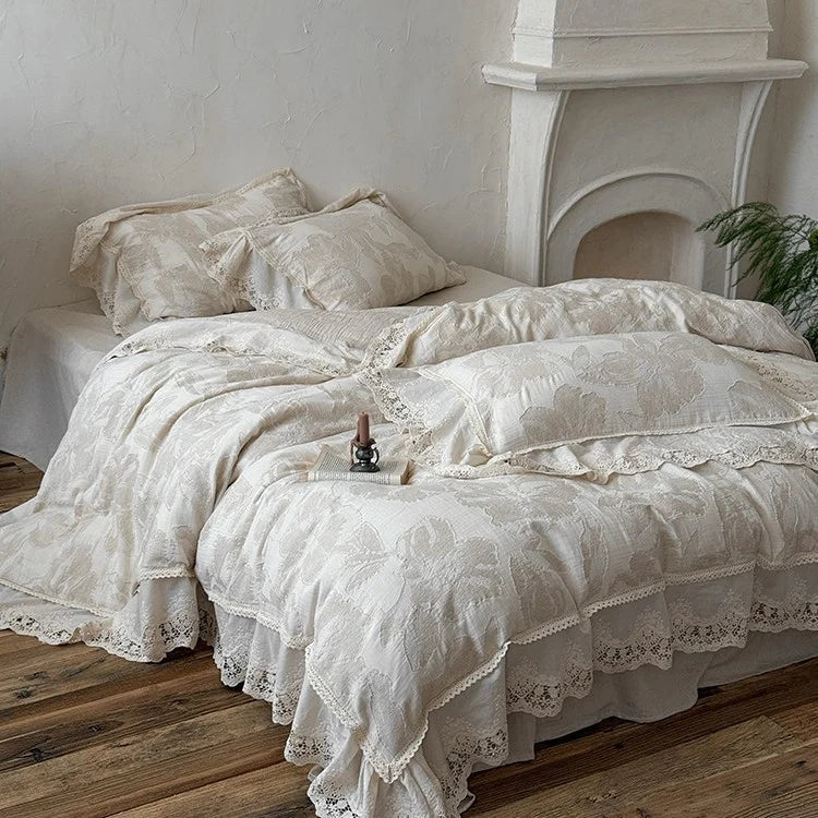 Duvet Cover Set Cotton-Linen Blend Floral & Lace Trim