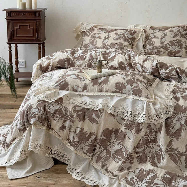 Duvet Cover Set Cotton-Linen Blend Floral & Lace Trim