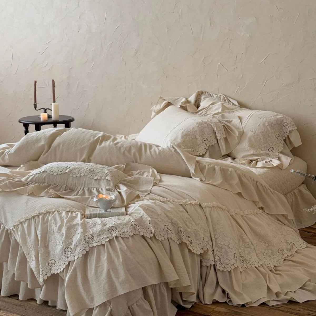 Duvet Cover Set Cotton-Linen Blend Ruffle & Lace 4-Piece