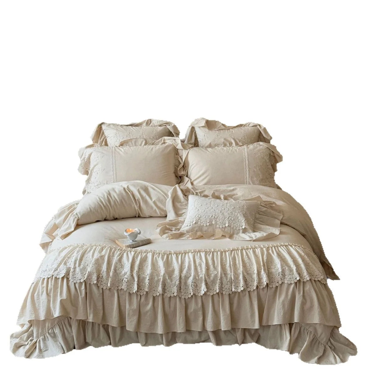 Duvet Cover Set Cotton-Linen Blend Ruffle & Lace 4-Piece