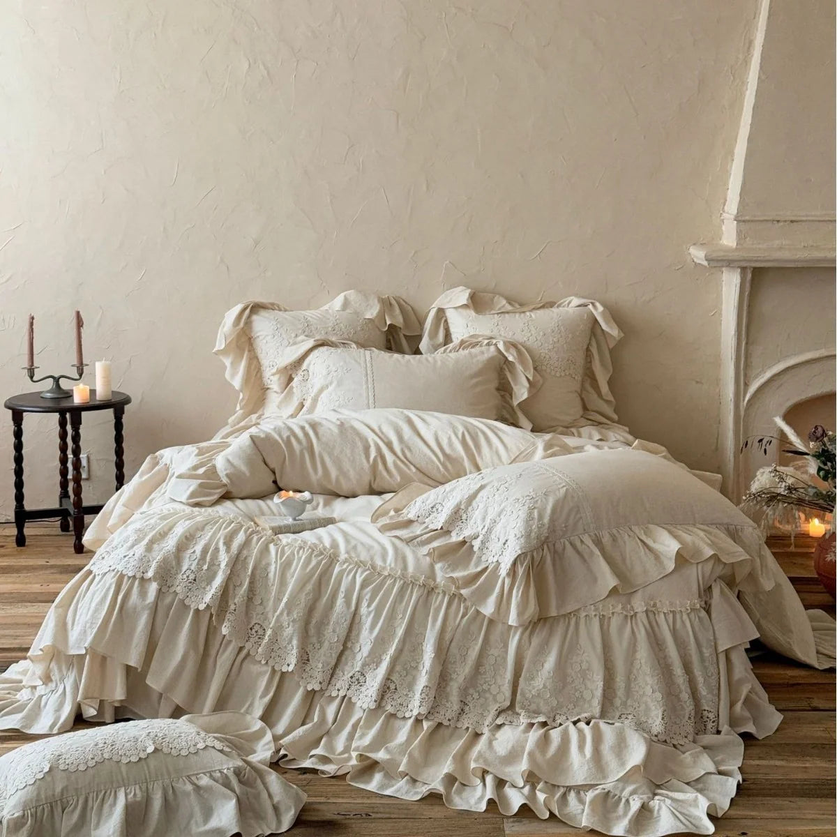 Duvet Cover Set Cotton-Linen Blend Ruffle & Lace 4-Piece