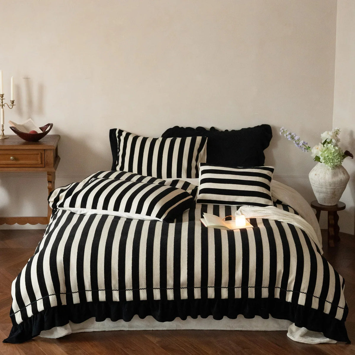 Duvet Cover Set Cotton-Linen Blend Striped Ruffle 4-Piece