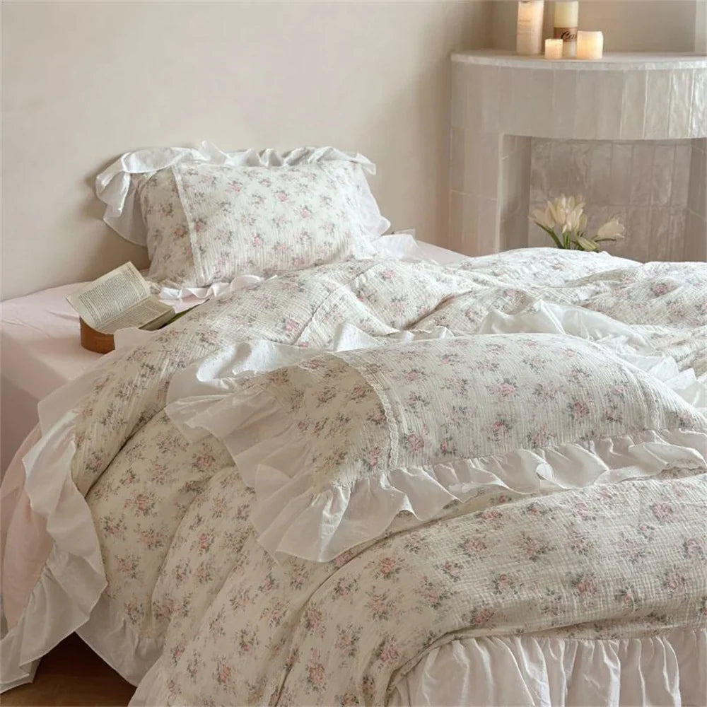 Duvet Cover Set Cotton-Linen Breathable Floral Ruffle