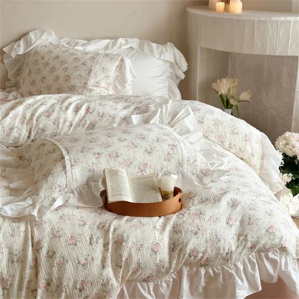 Duvet Cover Set Cotton-Linen Breathable Floral Ruffle