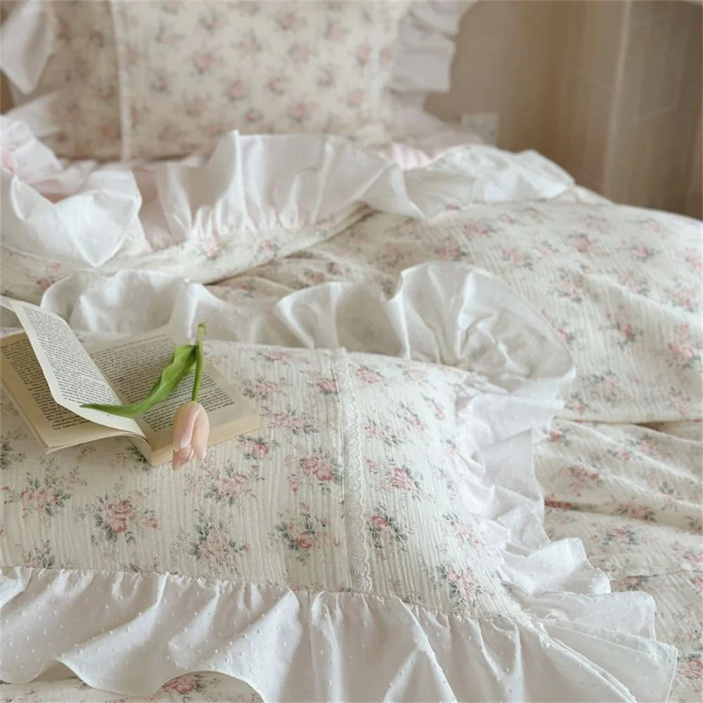 Duvet Cover Set Cotton-Linen Breathable Floral Ruffle