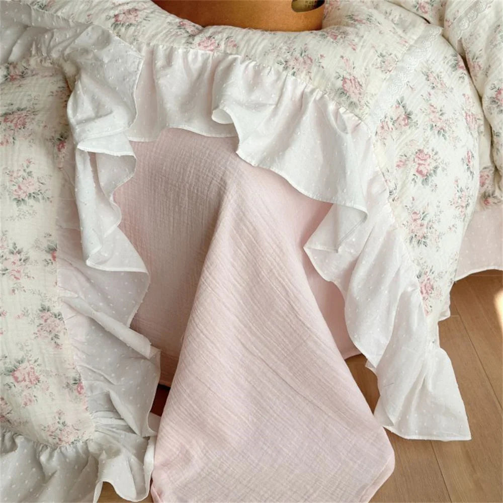 Duvet Cover Set Cotton-Linen Breathable Floral Ruffle