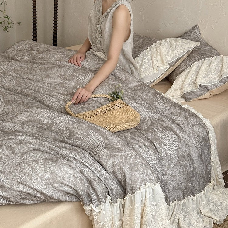 Duvet Cover Set Cotton-Linen Breathable Lace Ruffle