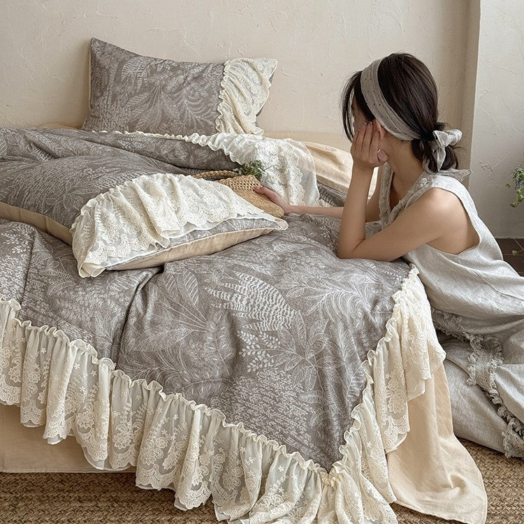 Duvet Cover Set Cotton-Linen Breathable Lace Ruffle