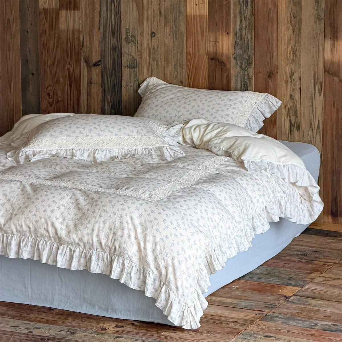 Duvet Cover Set Cotton-Linen Breathable Ruffled & Lace Trim