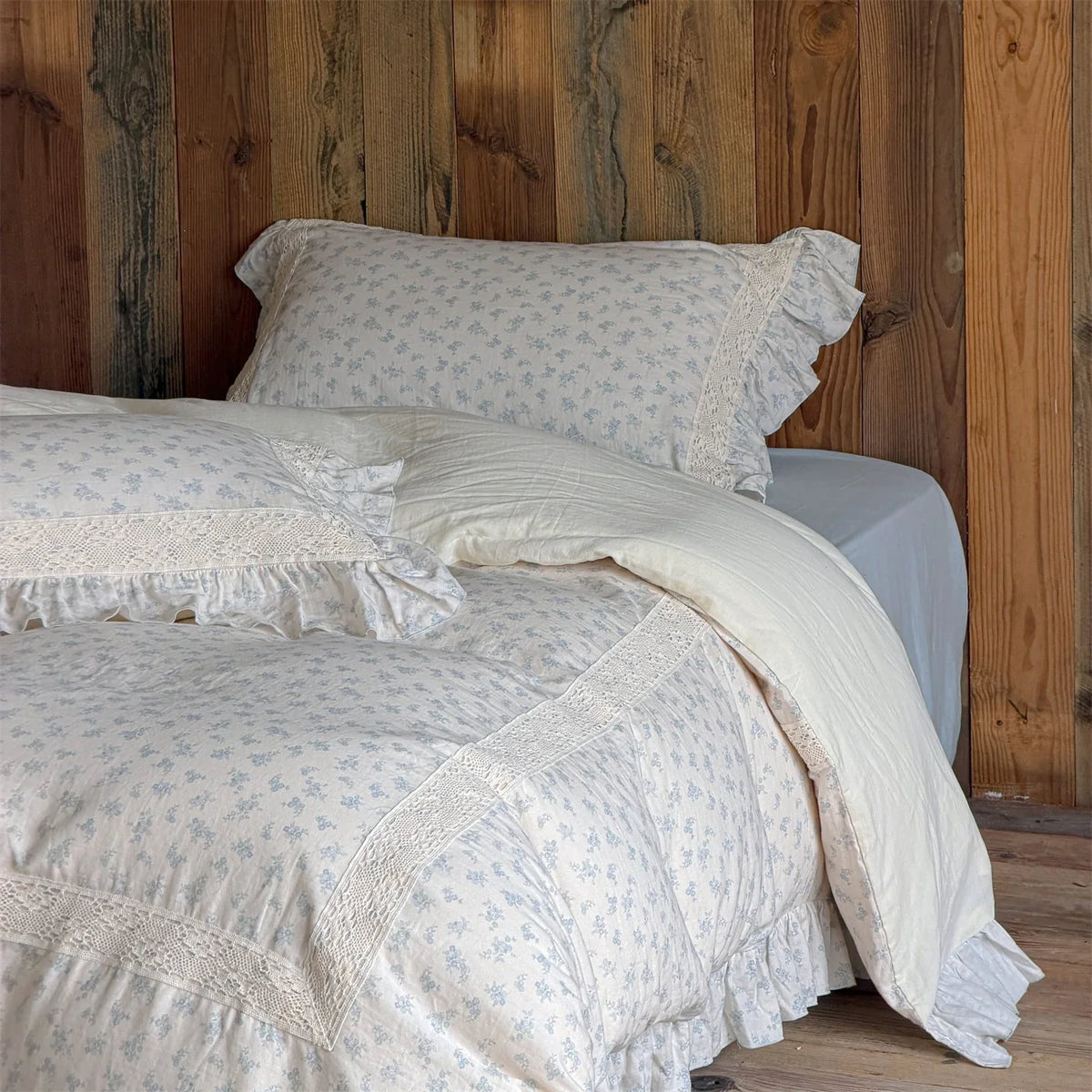Duvet Cover Set Cotton-Linen Breathable Ruffled & Lace Trim