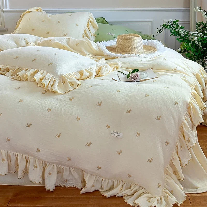 Duvet Cover Set Cotton-Linen Floral Embroidery & Ruffle